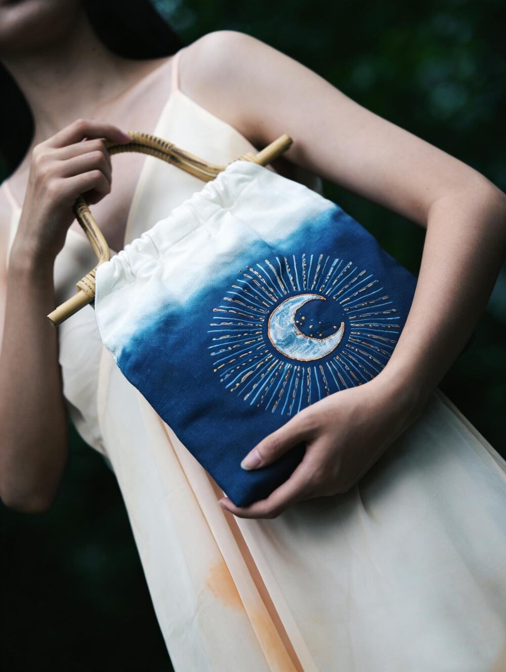 Handmade Cotton Tote Bag | Embroidered Indigo Batik Tote | Moon & Star Bag
